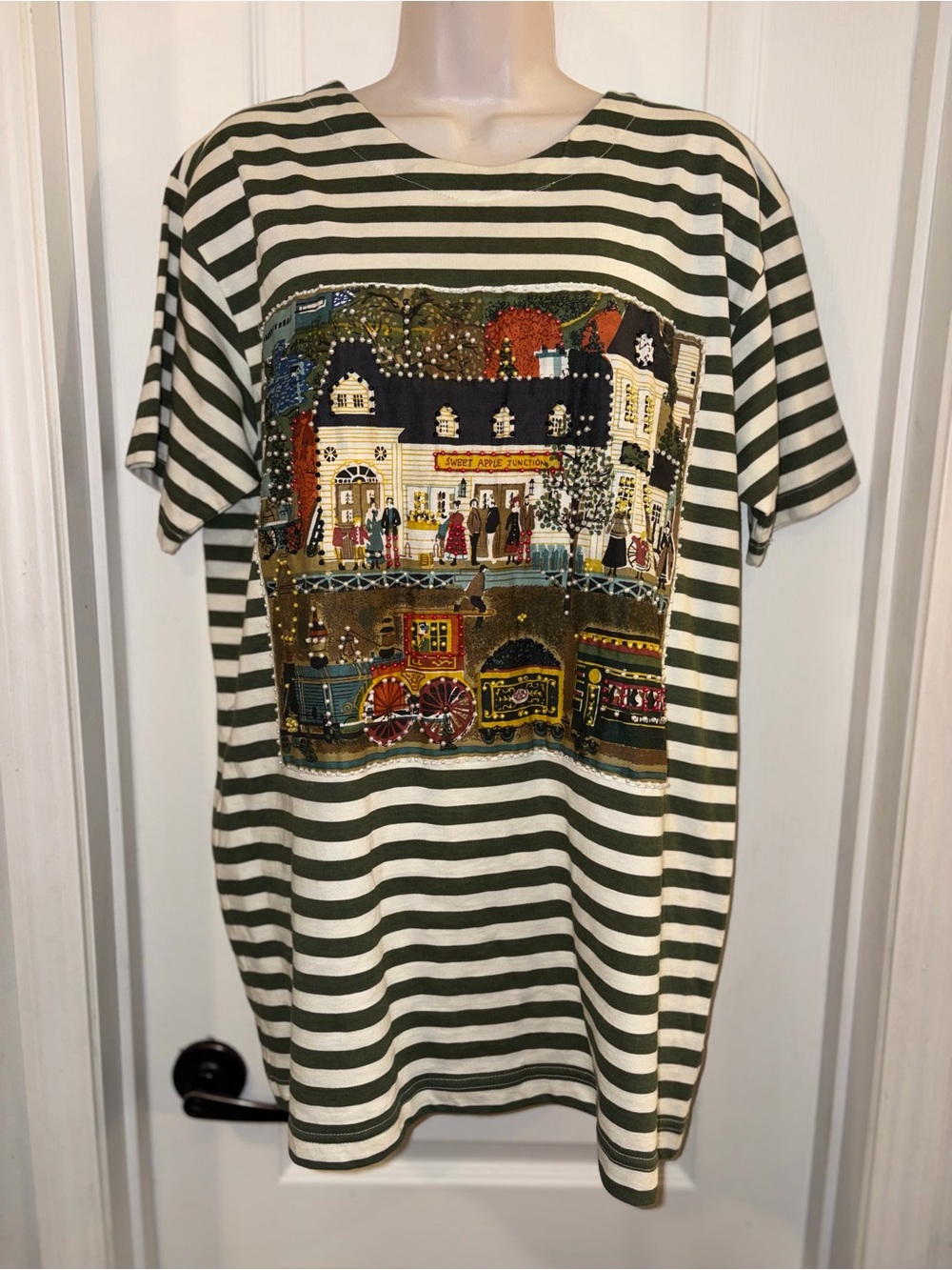 VTG 80s 90s I AM Striped Christmas Tapestry Top M Dickens Village Train Holiday